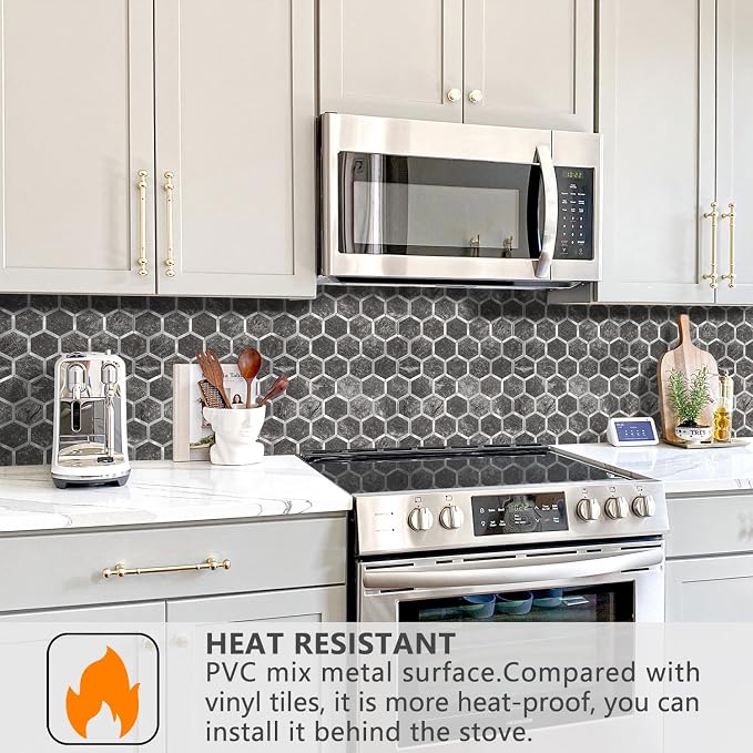 STICKGOO Hexagon Peel and Stick Backsplash Tile, Stick on Backsplash for Kitchen and Bathroom, Black Slate Look PVC Mixed Metal Silver Self Adhesive Wall Tiles(10 Sheets, Seamless) - Image 3