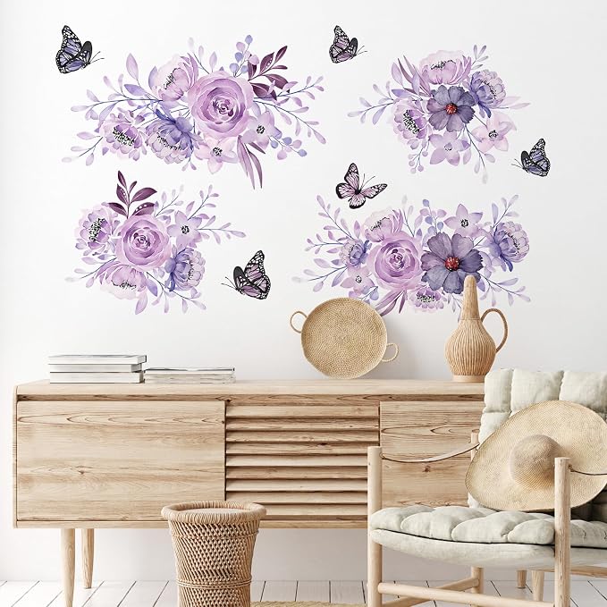 Zonon 6 Pcs Flower Wall Decals Peel and Stick Sticker, Flower and Butterfly | Vinyl Removable Wall Stickers & Mural, Rose and Butterfly Wall Decals, Purple Floral Decor for Bedroom, Living Room - Image 4