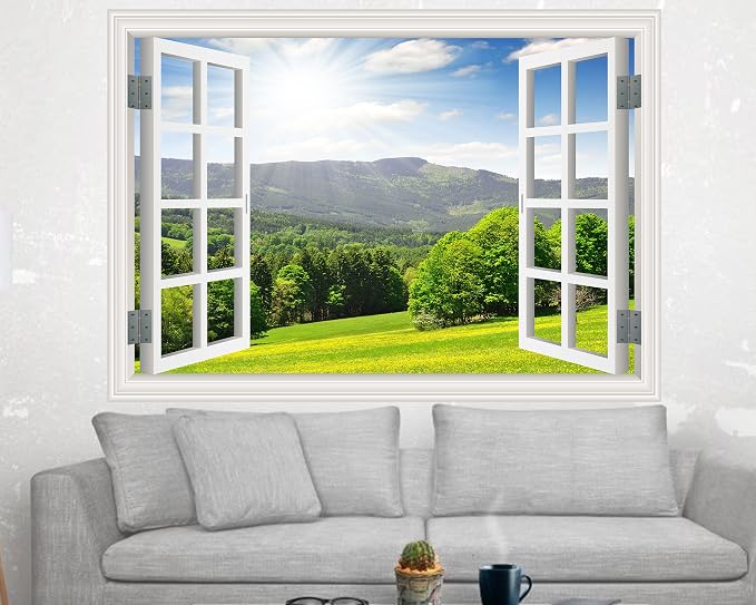 FLFK Fake Window Wall Sticker - Landscape Faux Window Wall Mural for Wall Decor, Stick and Peel Wall Decals,48"x32",Set of 2 Sheets - Image 2