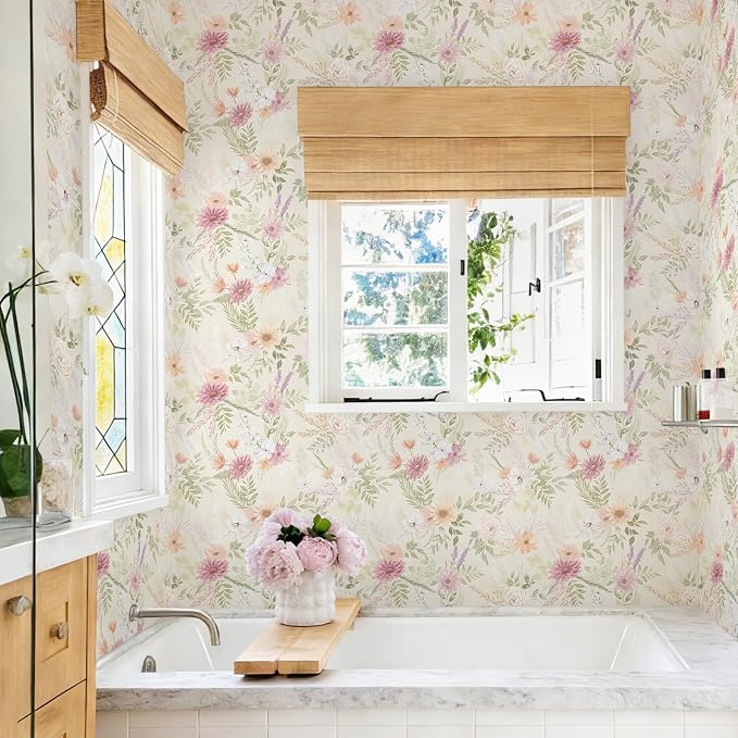 Dimoon Floral Peel and Stick Wallpaper Beige Boho Wallpaper Neutral Cottage Contact Paper Bathroom Cabinets Farmhouse Wall Paper Renter Friendly Removable Waterproof Kitchen Vinyl 362"x17.3" - Image 9
