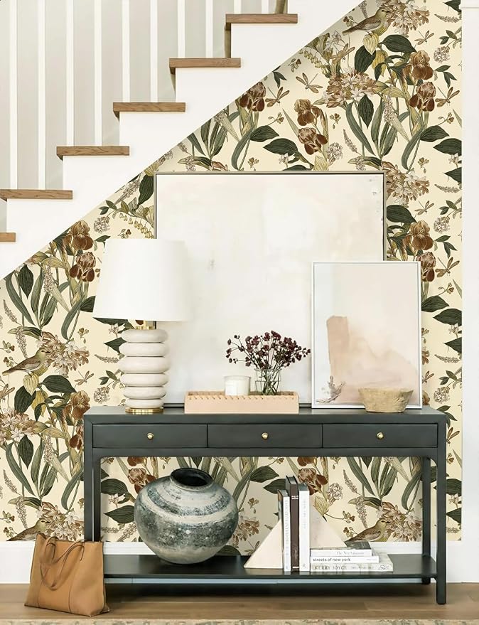 Beige Floral Bird Peel and Stick Wallpaper for Cabinet 17in x 118in | Flower Contact Paper Vintage Floral Wallpaper Boho Self Adhesive Waterproof Wall Paper Botanical Removable Decorative Vinyl - Image 8