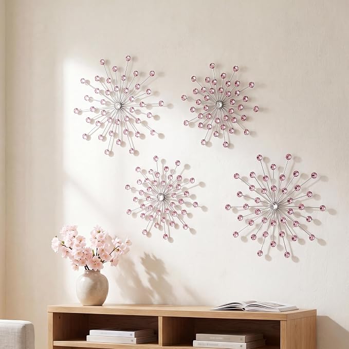 ZEXUIRU 4 Set Silver Starburst Wall Art for Home Decor Metal Bling Crystal Rhinestones Sunburst Wall Decor Sparkling Rhinestone Art Accent Silver - 13 in by ZEXUIRU