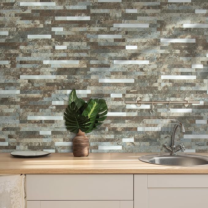 AULIGET 20 Sheets Beige & Brown Slate Peel and Stick Backsplash, PVC Mixed Metal Silver Wall Tile Stick on Backsplash for Kitchen and Bathroom - Image 6