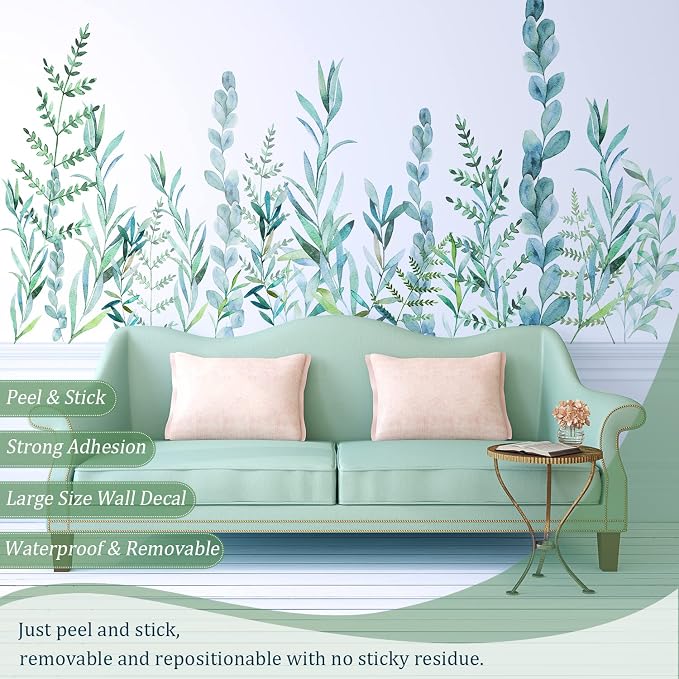 Green Hanging String of Willow Wall Decals Peel and Stick, Large Plants Vinyl Wall Stickers, Removable Vine Home Decor Art for Bedroom Living Room Classroom Office - Image 3