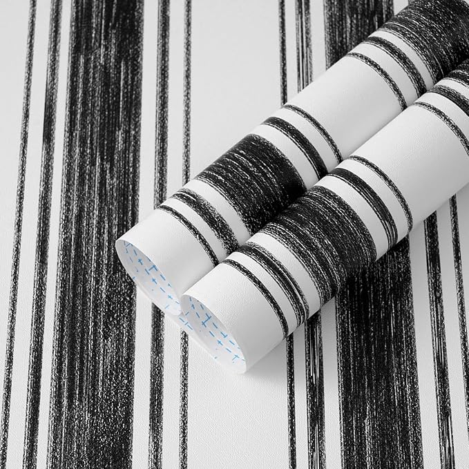 Safiyya Black and White Wallpaper Peel and Stick Hand-Painted Striped Contact Paper Modern Wall Paper Vinyl Self Adhesive Removable Wallpaper for Bedroom and Bathroom Kitchen 17.3"×78.7" by SAFIYYA
