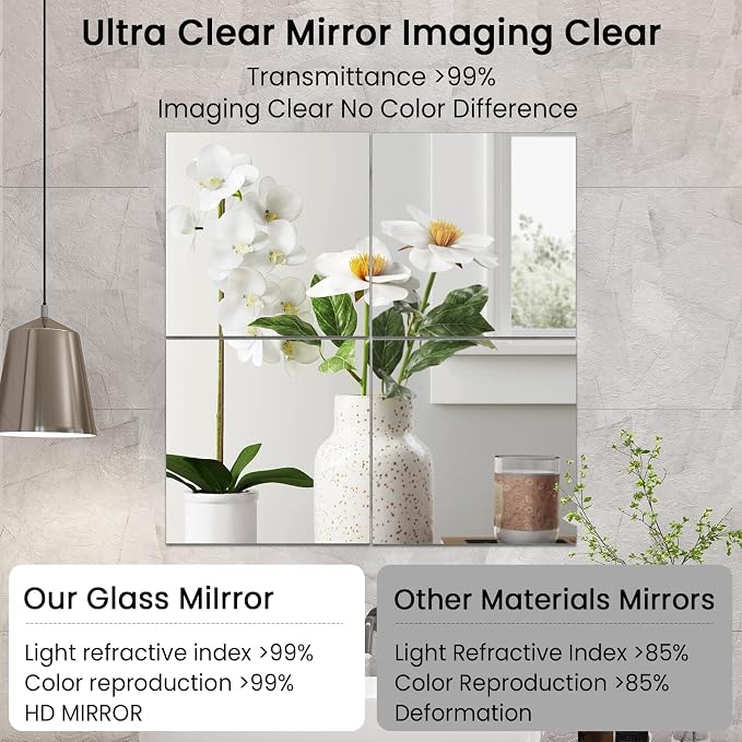 JAMBALAY Home Gym Mirrors for Gym, 8Pcs 12″×14″ HD Glass Full Length Wall Mirror Tiles, Self Adhesive Frameless Wall Mirror for Bedroom, Living Room, Over The Door - Image 3