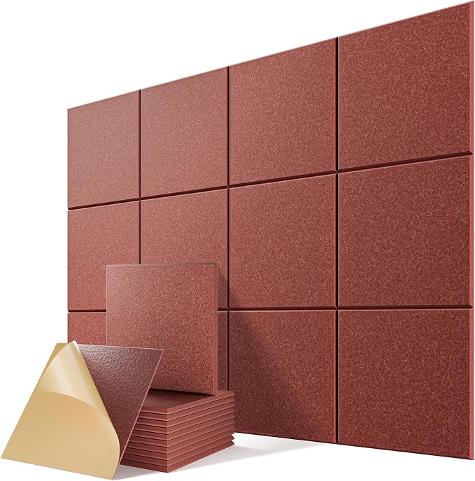 12 Pack Self-Adhesive Sound Proof Foam Panels for Walls 12"x12"x0.4" | Easy-Install, High-Density Acoustic Panels, Noise Reducing Soundproof Wall Panels for Home Studio, Office, Red by Lebenforce