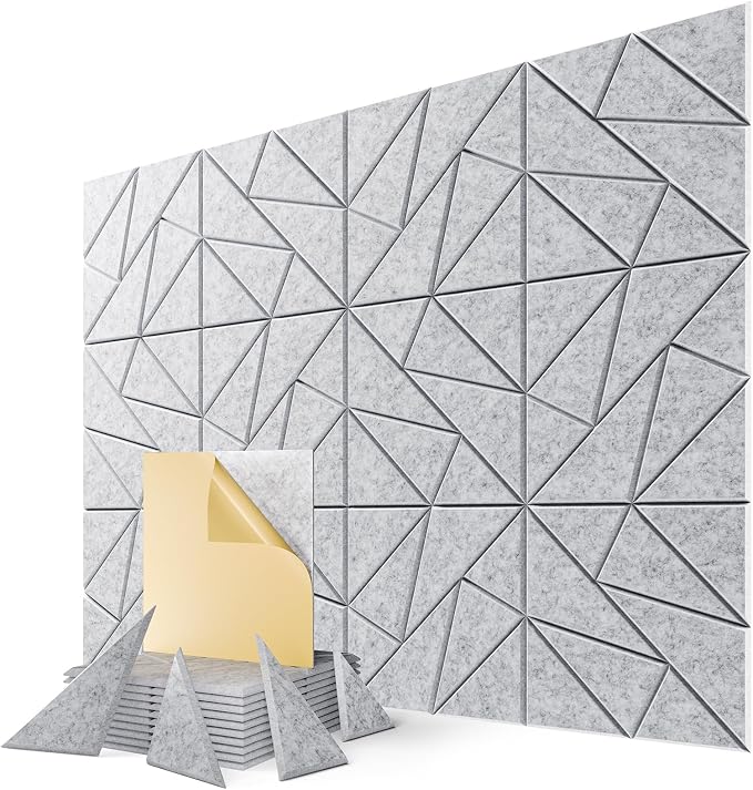 12 Pack Geometric Design Sound Proof Foam Panels for Walls 12"x12"x0.4" Fabric | Cuttable self-adhesive acoustic panels for home studio noise reduction with flexible DIY layout, decorative Sliver Gray by Lebenforce