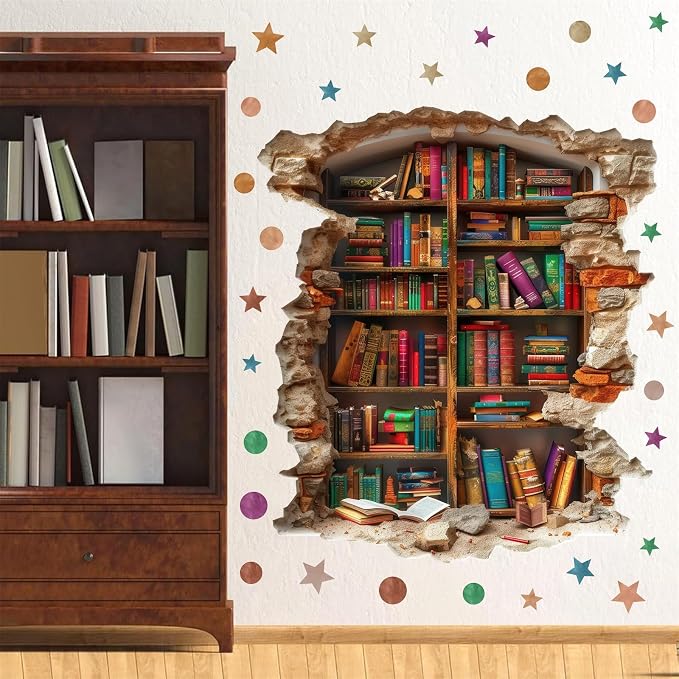 Vintage Read Book Wall Stickers 3D Broken Wall Library Decal Peel and Stick | Reading room art murals, read sign, removable vinyl wallpaper, bookshelf bookcase decoration, for school classroom home decor by kokolap
