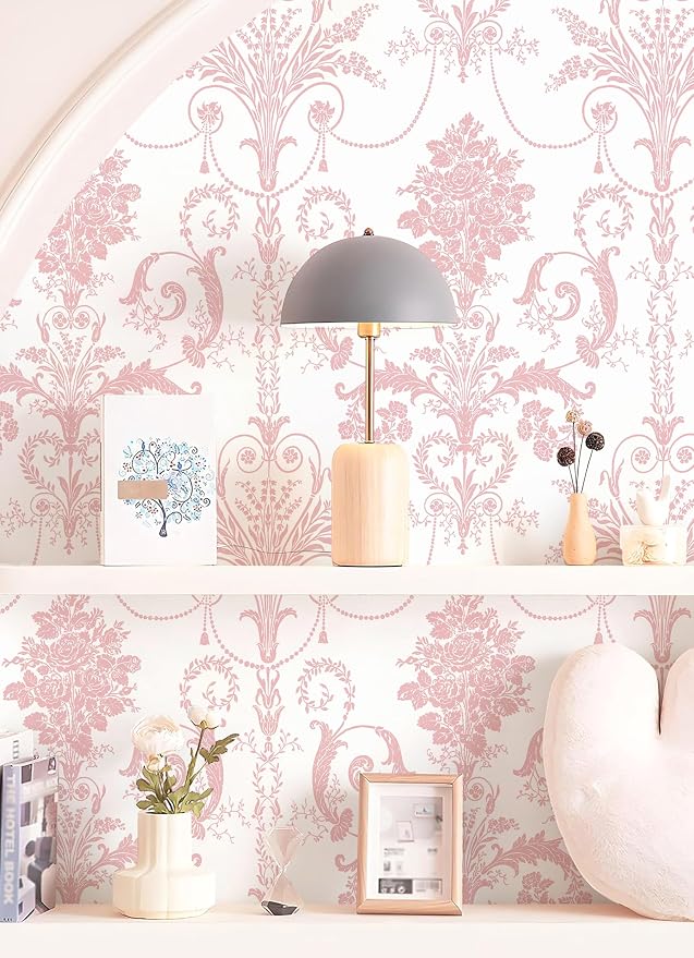 Damask Floral Peel and Stick Wallpaper Boho Pink and White Contact Paper | 17.3" X 197" Pink Damascus Decorative Wallpaper DIY Removable Self Adhesive Wallpaper for Bedroom Cabinets Covering Vinyl - Image 5