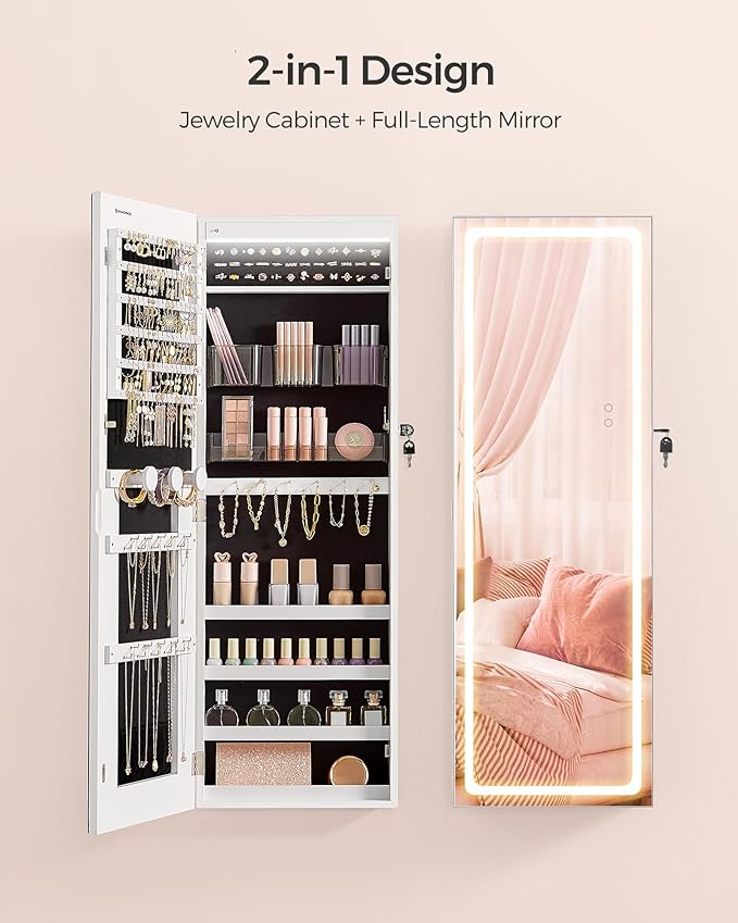 SONGMICS Mirror Jewelry Cabinet Armoire, Wall or Door Mounted, LED Mirror - Image 3