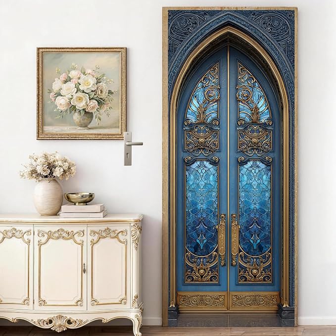 Gothic Door Mural, Blue Stained Glass Ornate Door Cover | Waterproof PVC, 30.3" W x 78.7" L; blue gothic glass design for entryway, bedroom, hallway, office or closet doors. by Cmialusie