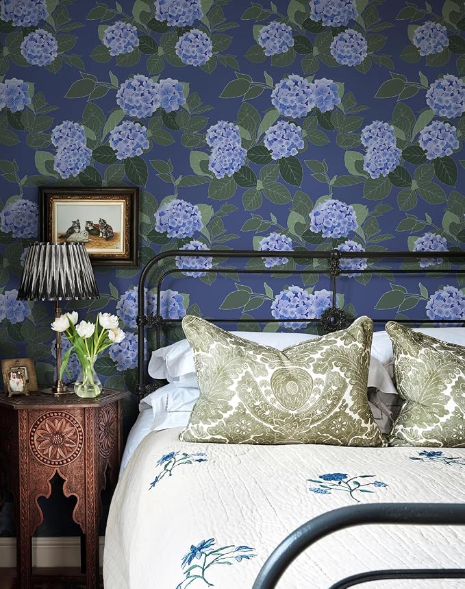 Floral Peel and Stick Wallpaper Self Adhesive Hydrangea Wall Paper French Country Cream Stick on Wallpaper for Bedroom Wall Decor Elegant Mural (Navy Hydrangea, 118" X 17.4") - Image 7