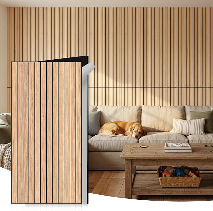 WoveN SounD Acoustic Wall Panels, Natural Oak, 10 Pack, 47.2x23.6 in | Self-Adhesive, Peel and Stick, NRC 0.95, Premium Sound, Echo Proof, Slat Decor, Studio, Home, Office, Media Room by WovenSound