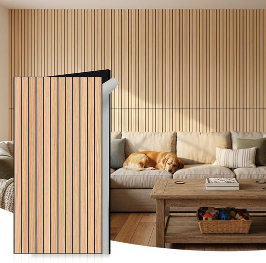 WoveN SounD Acoustic Wall Panels, Natural Oak, 10 Pack, 47.2x23.6 in | Self-Adhesive, Peel and Stick, NRC 0.95, Premium Sound, Echo Proof, Slat Decor, Studio, Home, Office, Media Room by WovenSound