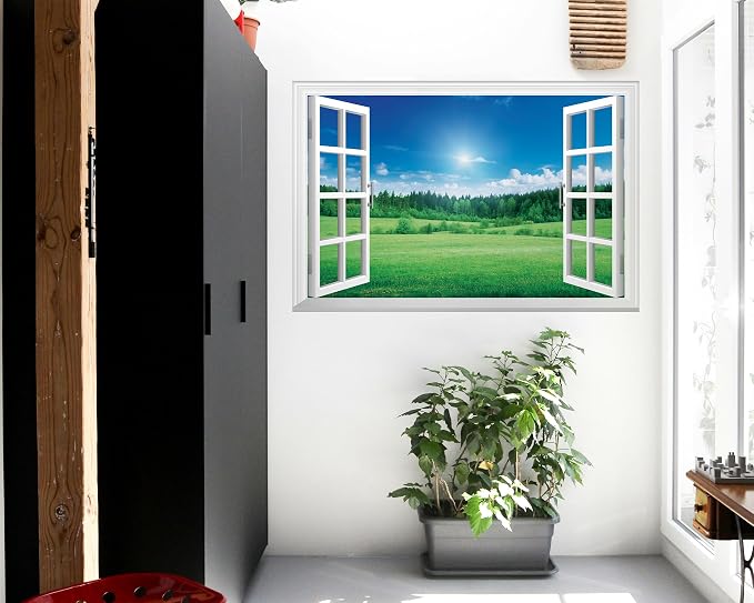 FLFK Fake Window Wall Mural - Grassland Forest Faux Window Wall Sticker for Wall Decor, Peel and Stick Wall Decals,48"x32",Set of 2 Sheets - Image 3