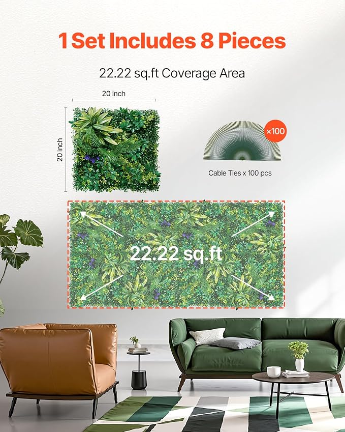 VEVOR Artificial Grass Wall Panels, 8 PCS 20 x 20 inch, 3D Combination Greenery Boxwood Panel for Indoor Outdoor Green Decor & Ivy Fence Covering, Privacy Backdrop Wall Hedge Screen for Garden - Image 6