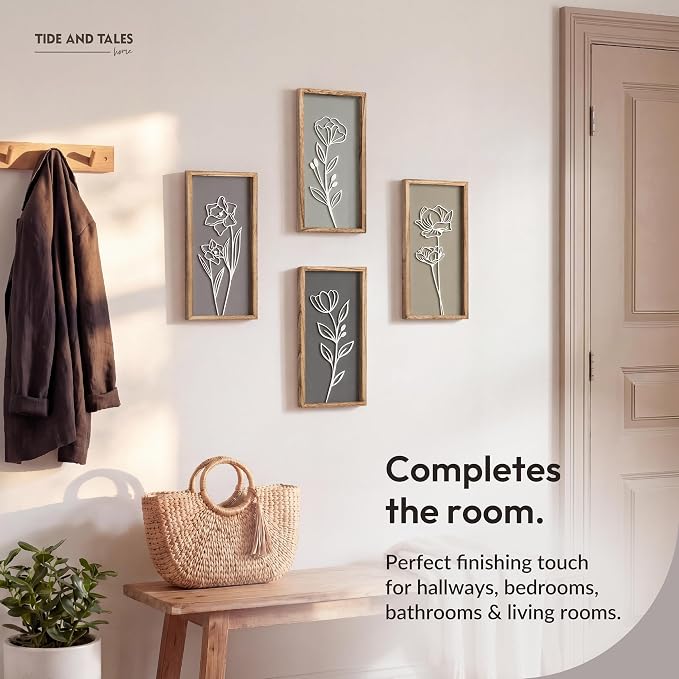 Tide and Tales 3d Framed Wall Art, Set of 4, Floral Boho Wall Decor | 7" x 16", Lightweight, Wooden, Ready-to-Hang Wall Decor for Living Room, Bathroom, Bedroom or Office, Botanical Farmhouse - Image 9