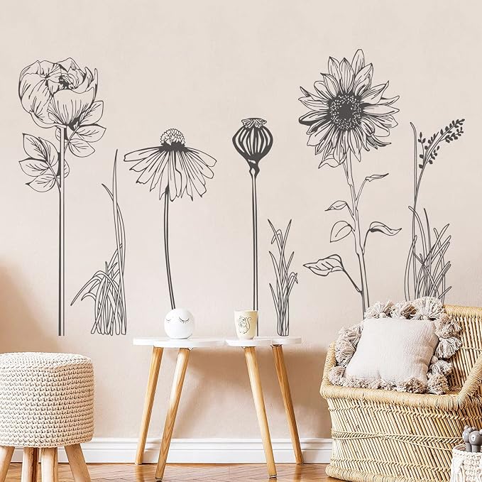 Black Simple Flower Plant Wall Decals, 2 Sheets Large Boho Floral Modern Wall Stickers Peel Stick Sketch Wildflower Wallpaper Art Decor for Bedroom Living Room Office Gifts for Mom(11.8x35.4 in/Sheet) - Image 6