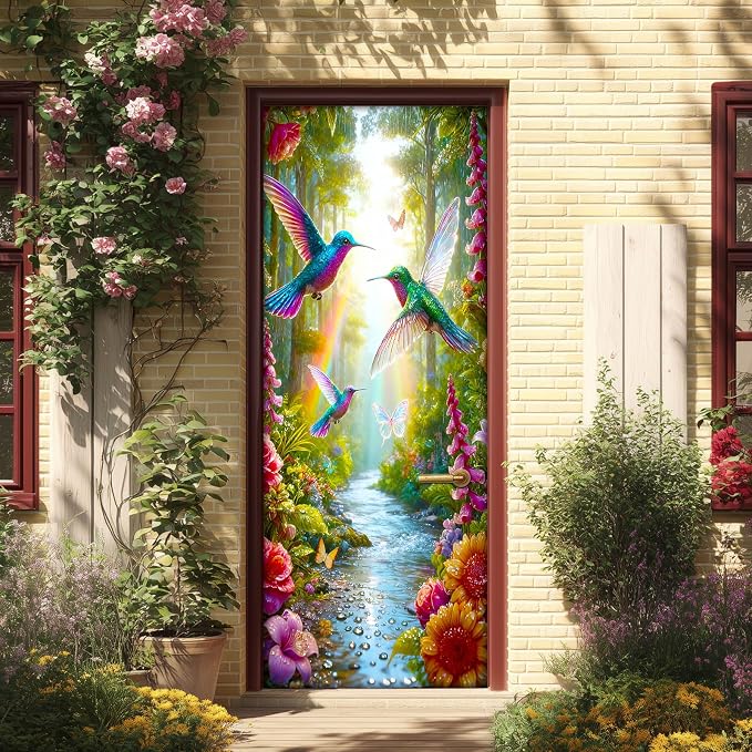 HOMETITUTE Hummingbird Forest Stream Peel Stick Door 30.3x78.7 PVC | Wall Cover Poster Decals Removable Wallpaper Self Adhesive Livingroom Bedroom - Hummingbird by HOMETITUTE