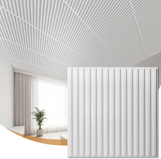 WOWSTAR 24-Pack 24"x24" Drop Ceiling Tiles, Waterproof Glue up PVC Ceiling Panels, Modern Style 3D Slat Wall Panels, White by WOWSTAR