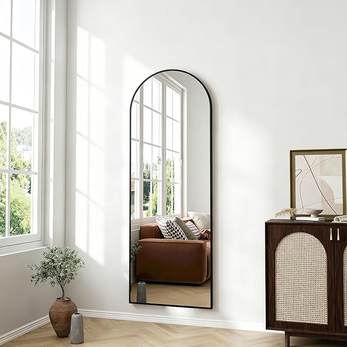 Dewfig 48"x16" Arched Full Length Mirror, Wall Mirror, Leather Strap, Black - Image 3