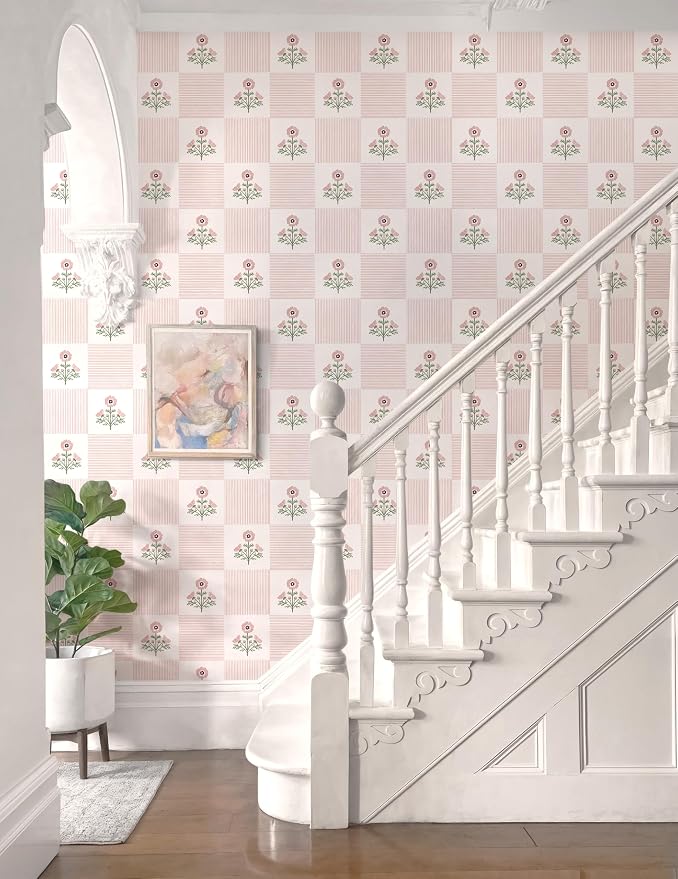 Guvana Pink Floral Peel and Stick Wallpaper Vintage Floral Wallpaper Boho Wall Paper Removable Modern Contact Paper Vinyl Self Adhesive for Bedroom Bathroom Kitchen Livingroom Covering 17.3" x 78.7" - Image 7