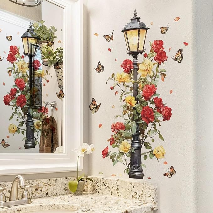 TUOKING Retro Street Lamp Wall Stickers Decor,Removable Rose Wall Murals | Peel and Stick Modern PVC Wall Art Decal Home Decor for Kitchen,Bedroom,Living Room - Image 3