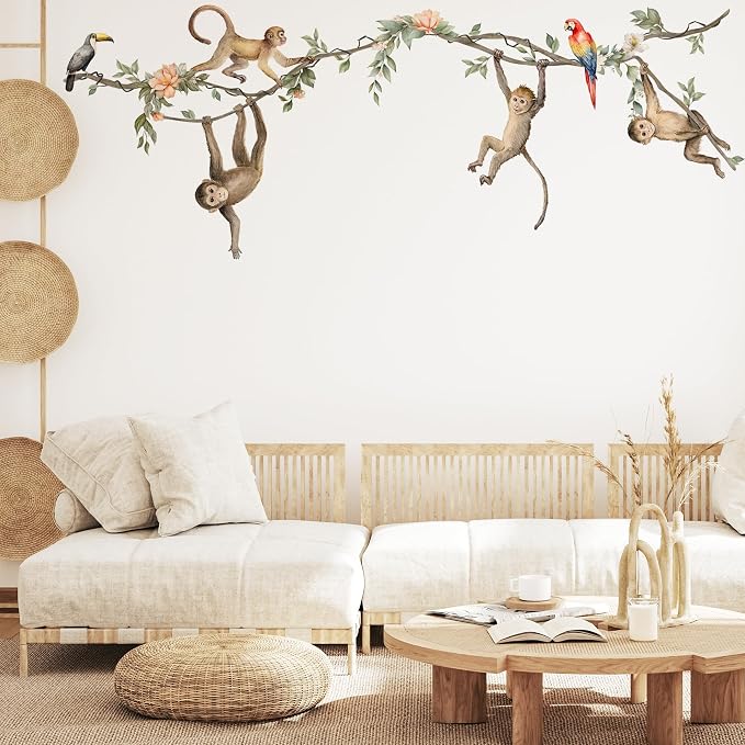 Jungle Monkey Wall Decals, Removable Jungle Animal Monkey Parrot Vine Wall Art Decor for Kids, Boys and Girls Room, Bedroom & Toddler Room Decor (Monkey Vine Wall Decals) - Image 5