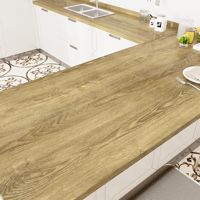 WESTICK Glossy Brown Wood Contact Paper Self Adhesive Wooden Wallpaper Kitchen Countertop Peel and Stick Waterproof Removable Faux Wood Grain Contact Paper for Countertops Tables Cabinets 196"x15.8" by WESTICK