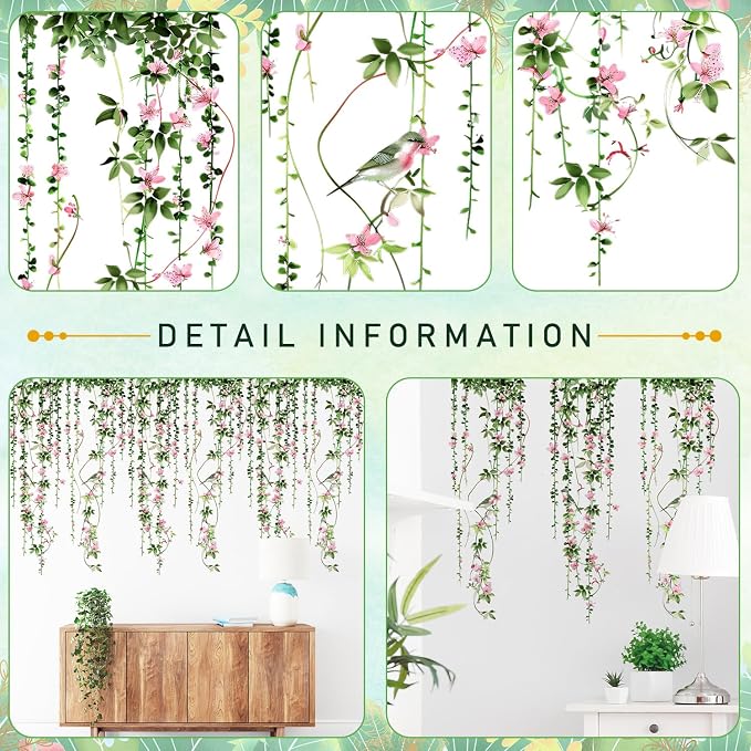4 Sheets Hanging Vines with Flowers Wall Decals Green Plant Leaves Wall Stickers Pink Cherry Blossom Vine Wall Art Hanging Flower Tree Branches Bird Wall Murals for Kids Bedroom Nursery Decoration 20 - Image 3