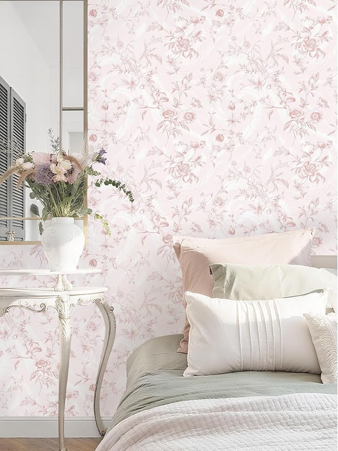 Dimoon Peel and Stick Wallpaper Pink Floral Contact Paper Pink Vintage French Renter Friendly Wallpaper 17.3''x78.7'' Textured Stick on Wall Paper for Bathroom Bedroom Cabinets Removable Vinyl Roll - Image 4