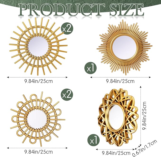 Namalu 6 Pcs Sunburst Round Mirror for Wall Decor, Elegant, Gold - Image 2
