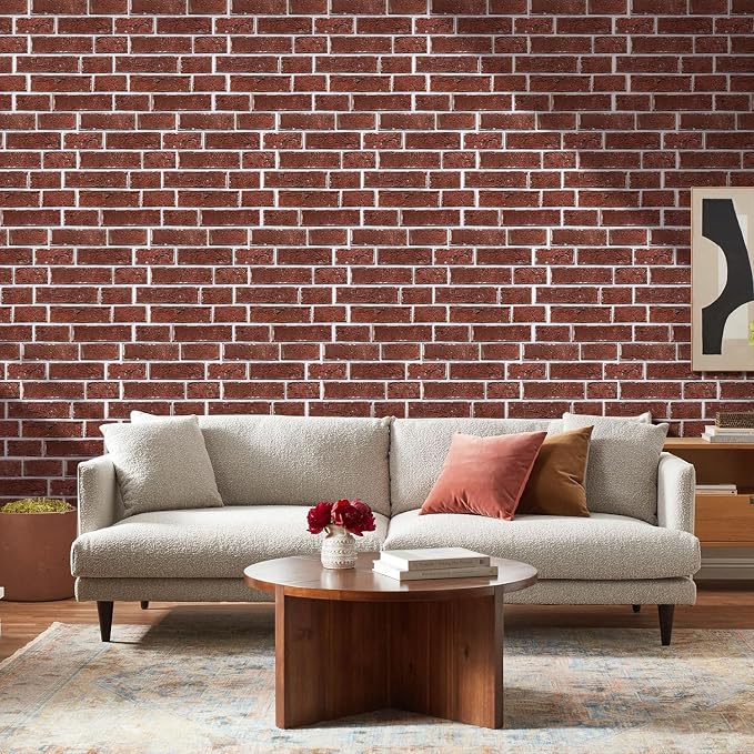 Commomy Faux Brick Panels Peel and Stick Wall Stickers 10 Pcs 11.8" x 11.8" | Small Size Thin PVC Red Fake 3D Brick Wallpaper for Kitchen,Fireplace,Home Office,Wall Covering Decor(Covers 9.7 sq.ft) - Image 2