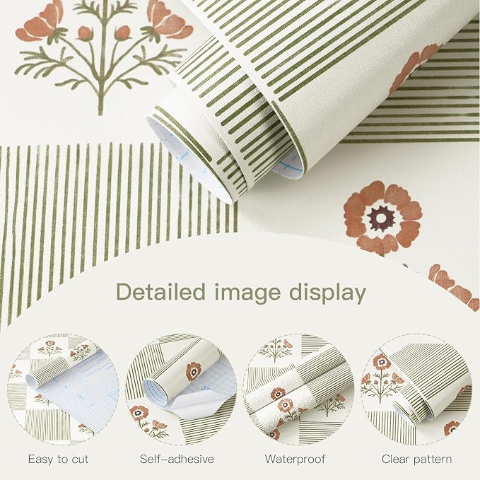 Guvana Green Floral Peel and Stick Wallpaper Vintage Floral Wallpaper Boho Wall Paper Removable Modern Contact Paper Vinyl Self Adhesive for Bedroom Bathroom Kitchen Livingroom Covering 17.3"×78.7" - Image 7