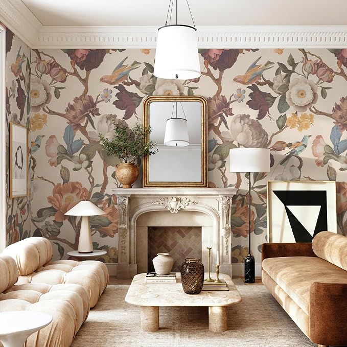 Zeeko Vintage Beige Floral Peel and Stick Wallpaper Mural, 148" x 98" | Large Flower Art Deco Wall Murals, Ideal for Bedroom TV Background Wall Paintings, Home Decor - Image 2