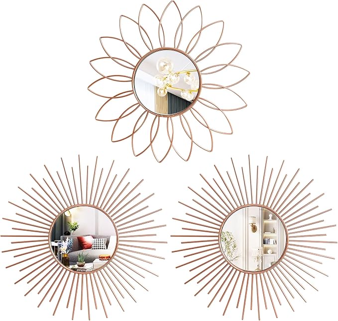 3 Pack Metal Mirrors for Wall Sunburst Wall Mirrors Home Décor Decorative Hanging Wall Art for Living Room Bedroom Entryway (Rose Gold2, Flower+Sunburst) by Uaussi