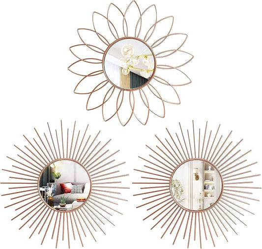 3 Pack Metal Mirrors for Wall Sunburst Wall Mirrors Home Décor Decorative Hanging Wall Art for Living Room Bedroom Entryway (Rose Gold2, Flower+Sunburst) by Uaussi