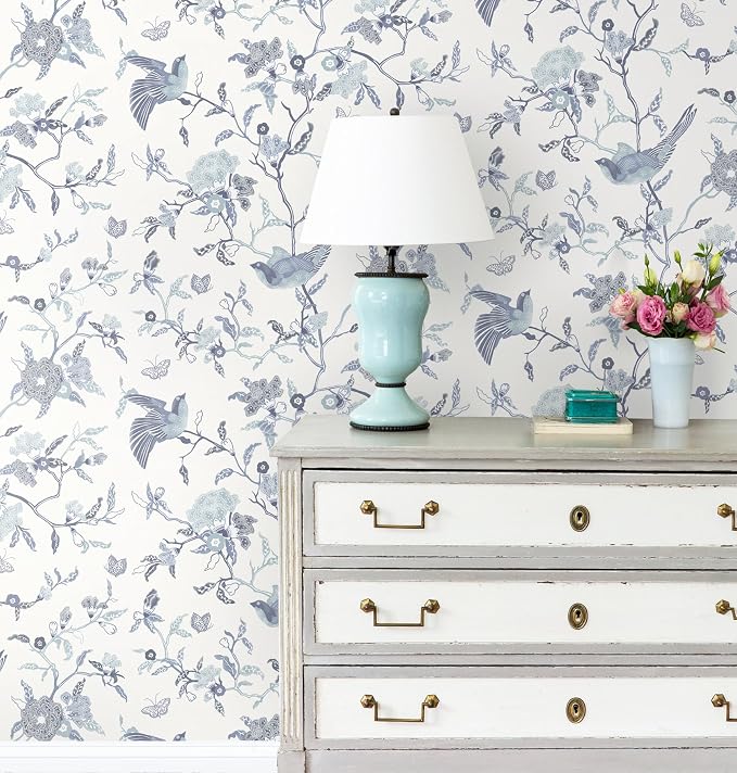 Timeet Peel and Stick Wallpaper Vintage Floral Contact Paper Blue and White Birds Wallpaper Removable Self Adhesive Flower Wall Paper for Bedroom Living Room 16.14"x393.7" - Image 8
