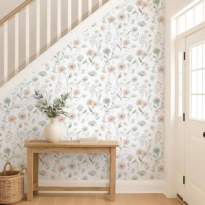 Ismoon Floral Peel and Stick Wallpaper Boho Wallpaper 17.3in x 32.8ft Pink and Green Contact Paper Watercolor Flower Removable Wall Paper for Bedroom Nursery Kitchen Girls Room Vinyl - Image 4