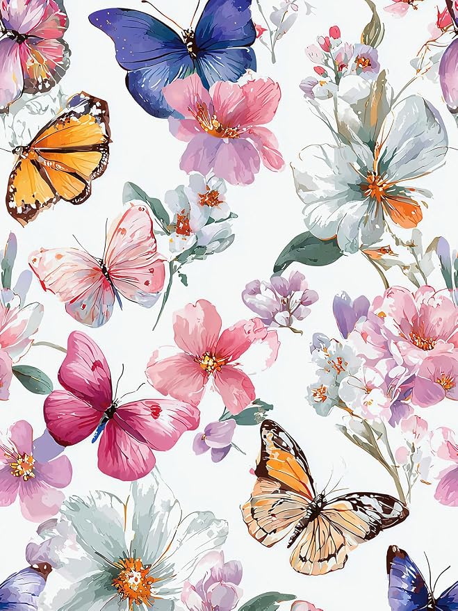 Floral Peel and Stick Wallpaper Butterfly Contact Paper 16.9in×118.1in Watercolor Floral Wallpaper Self Adhesive Removable Modern Flower Contact Paper Waterproof for Bathroom Cabinets Decor by Willowix