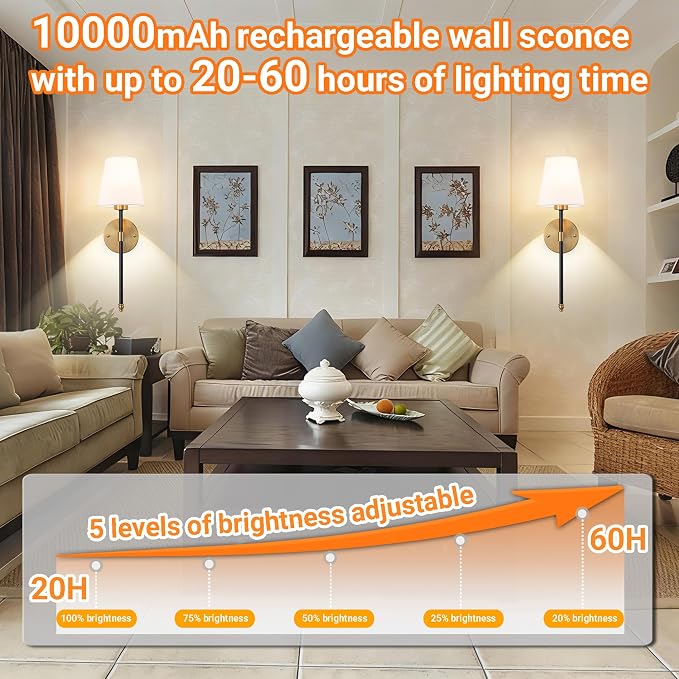 Nekhung Battery Operated Wall Sconces Set of 2, Wireless Wall Light with 10000mAh RGB Dimmable Magnetic Bulb, Rechargeable Wall Sconce with Remote Control for Bedroom Living Room - Image 4