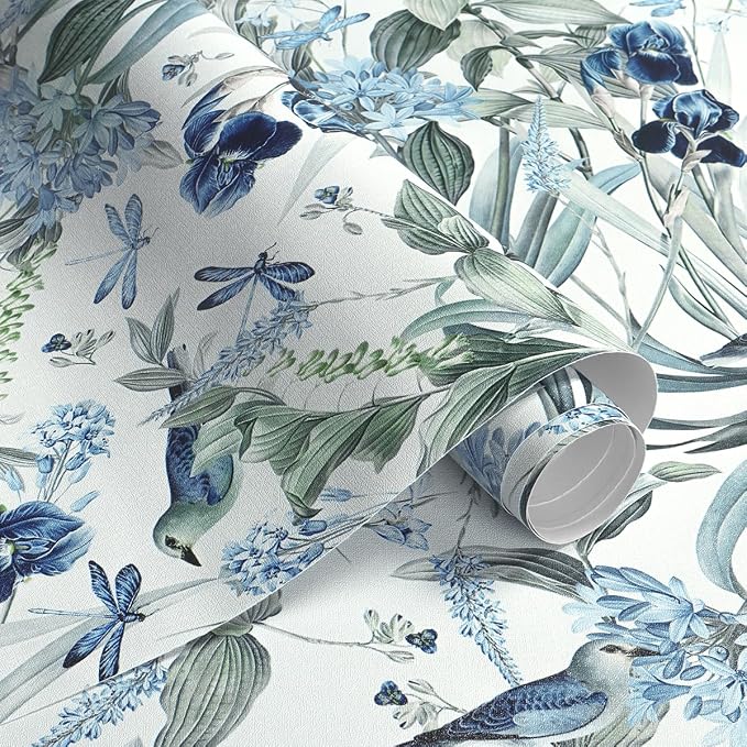 Floral Wallpaper Peel and Stick Flower Bird Blue Vinyl 17in x 393in | Flower Contact Paper Vintage Floral Wallpaper Boho Self Adhesive Waterproof Wall Paper Botanical Removable Decorative Vinyl - Image 5