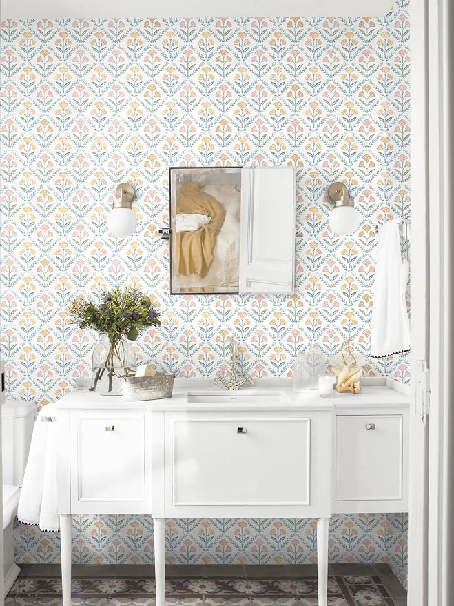 Dimoon 17.3''x393'' Peel and Stick Wallpaper Floral Boho Contact Paper Cute Vintage Village Wallpaper Farmhouse White Blue Renter Friendly Geometry Grid Waterproof Embossed Kitchen Bedroom Vinyl - Image 9