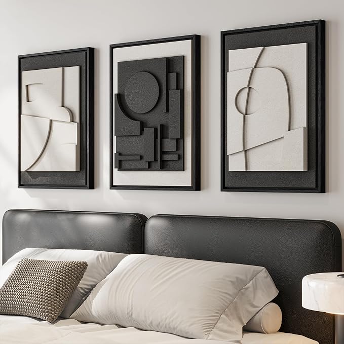 3D Textured Framed Black and White Abstract Wall Art Set of 3, 16x24 In | Solid wood frames, raised circles lines and blocks, modern minimalist wall decor for bedroom living room and dining room by Cuspin