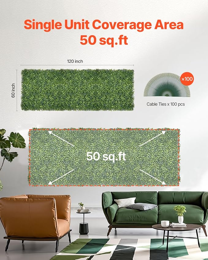 VEVOR Artificial Grass Wall Panels, 60 x 120 inch, Milan Grass Greenery Boxwood Panel for Indoor Outdoor Green Decor & Ivy Fence Covering, Privacy Backdrop Wall Hedge Screen for Garden - Image 6