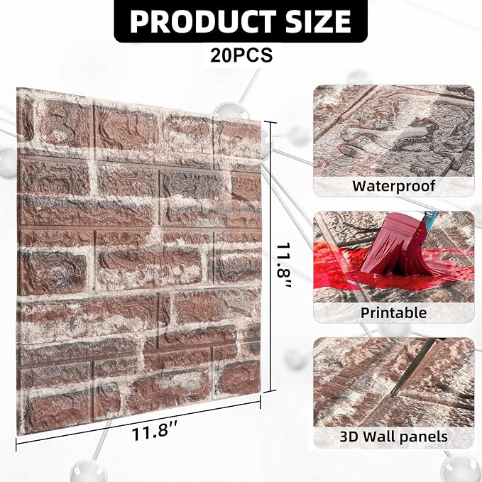 3D Wall Panels Peel and Stick Faux Foam Brick Wallpaper Covering | Red Brick 20 PCS 11.8"×11.8" Self Adhesive Stone Wall Tiles for DIY Interior Wall Decor - Image 2