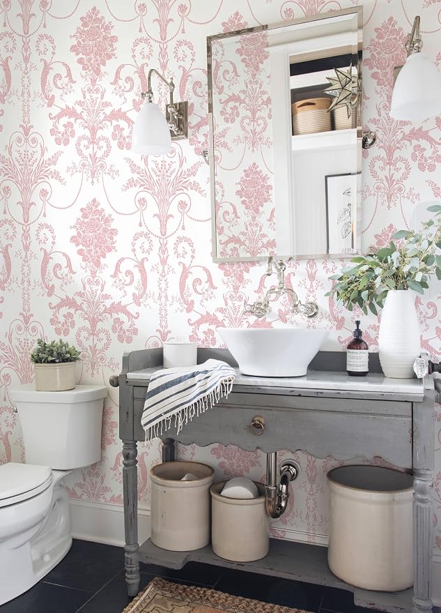 Damask Floral Peel and Stick Wallpaper Boho Pink and White Contact Paper | 17.3" X 118" Pink Damascus Decorative Wallpaper DIY Removable Self Adhesive Wallpaper for Bedroom Cabinets Covering Vinyl - Image 7