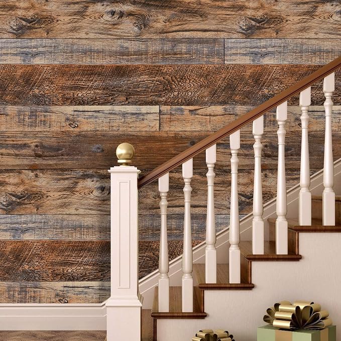 WENMER 23.6" x 394" Brown Wood Peel and Stick Wallpaper Shiplap Self Adhesive Wall Paper Wood Plank Wallpaper for Cabinet Countertop Shelf Drawer Wall Door - Image 3