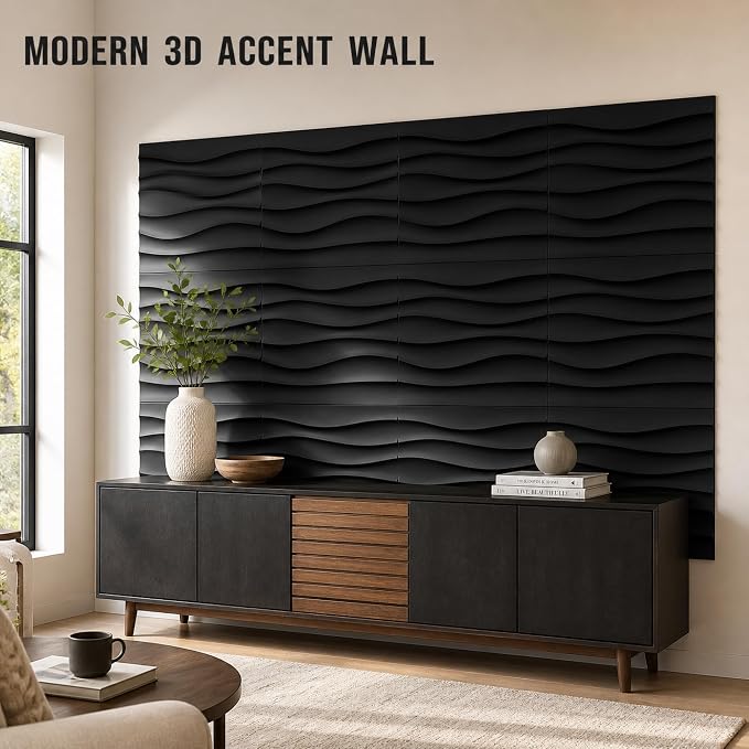 Chunful 30 Pcs 28.81 Sq ft 3D Wall Panels PVC Wave Design,11.8" x 11.8" Wall Panels Brick Wallpaper Waterproof for Interior Living Room Bedroom Decor(Black) | 11.8" x 11.8" Peel and Stick, Wall Panels, Brick, Wallpaper Waterproof, for Interior Living R... - Image 6